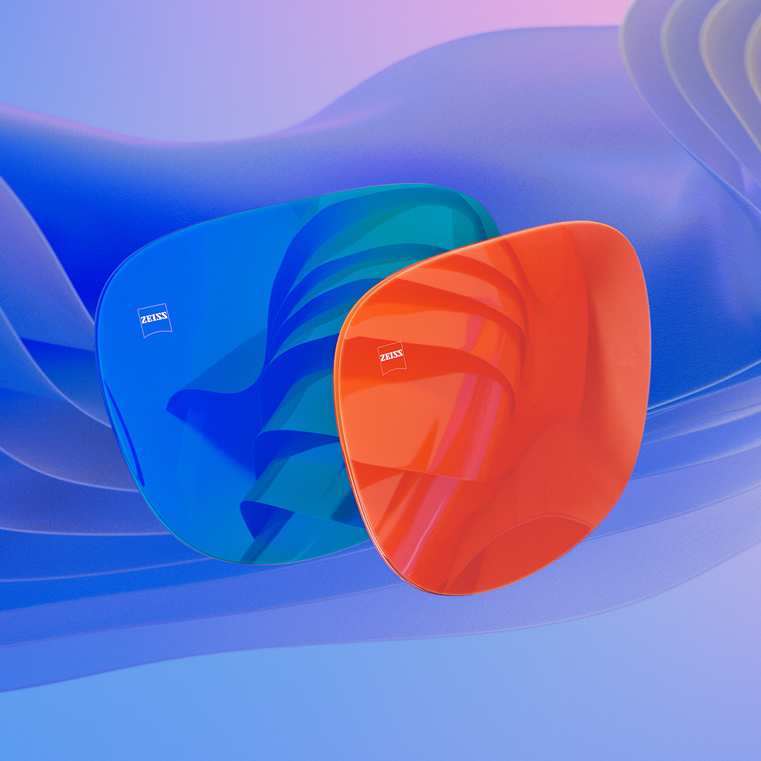 CGI prikaz sunčanih naočala sa šarenim plavim i narančastim zrcalnim prednjim stranama.