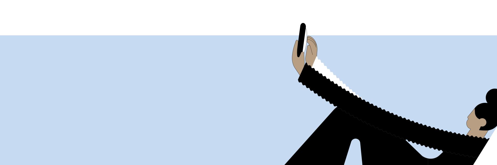 Ilustracija žene koja drži svoj pametni telefon vrlo dugačkim rukama.