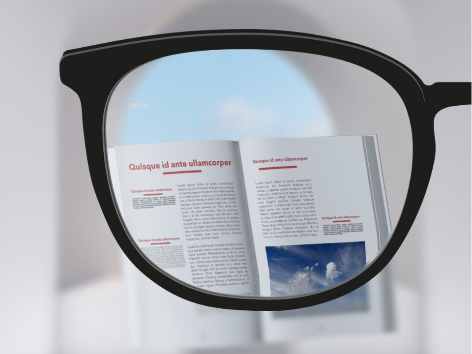  Slika točke gledišta sa ZEISS jednojakosnim ClearView lećama, pri čemu su knjiga i leća potpuno jasne, a sama vanjska strana leće nije. 