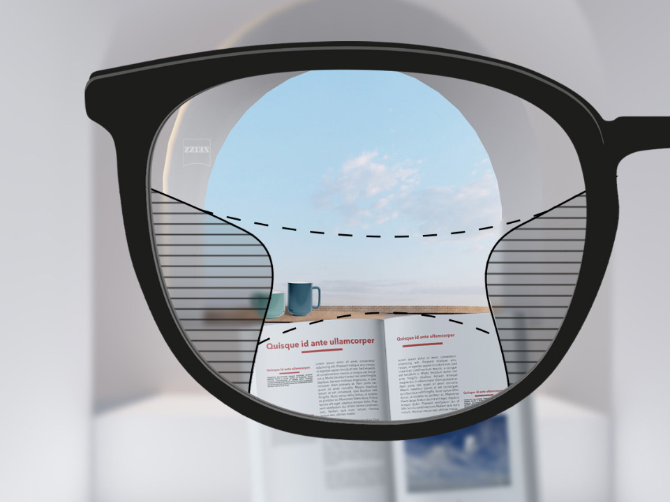 Shematska ilustracija točke gledišta kroz ZEISS Progressive Light 2 leću koja prikazuje srednje široka vidna polja u blizini (knjiga) i daljini (nebo) i meke prijelaze između zamućenih zona.