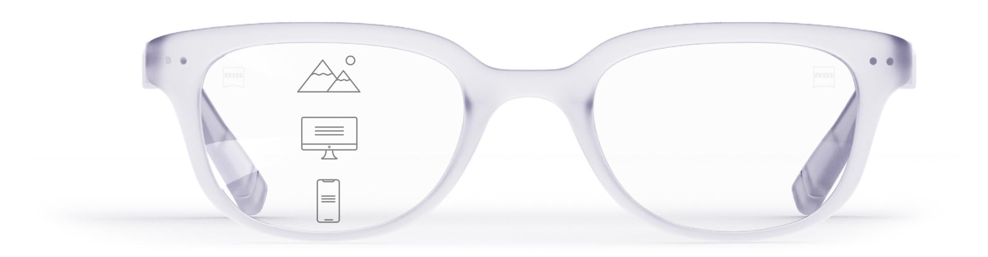 ZEISS progresivne SmartLife leće u elegantnom prozirnom okviru s ikonama koje označavaju različite zone gledanja - blizu, srednja udaljenost i daleko